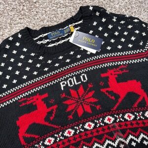 Polo Ralph Lauren XXL Black Red Reindeer Snowflake Fair Isle Sweater 5% Cashmere